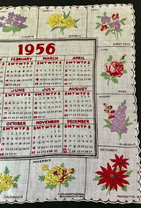 Vintage 1956 Franshaw Calendar Handkerchief Different Gem