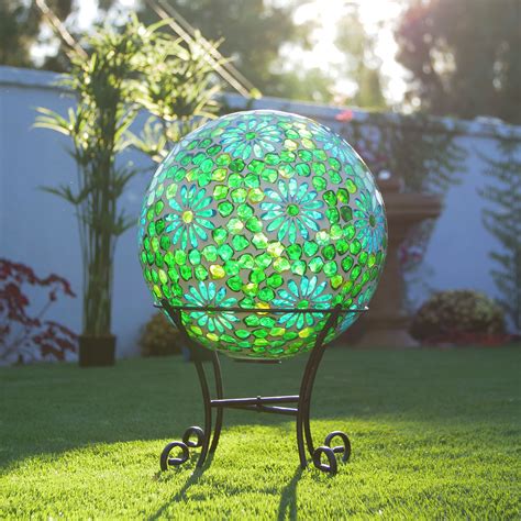 alpine 16 green and blue glass gazing ball with led lights and stand