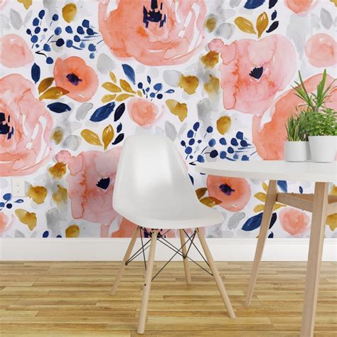 Pre Pasted Wallpaper 2ft Wide Floral Peach Large Watercolor Coral