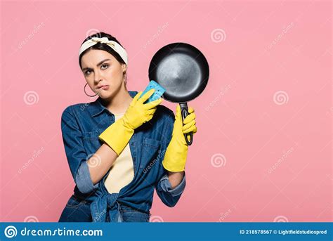 Housewife With Sponge And Frying Pan Stock Image Image Of Clean