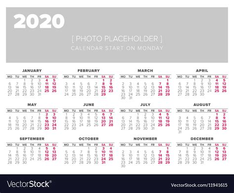 Calendar 2020 Year Design Template Royalty Free Vector Image