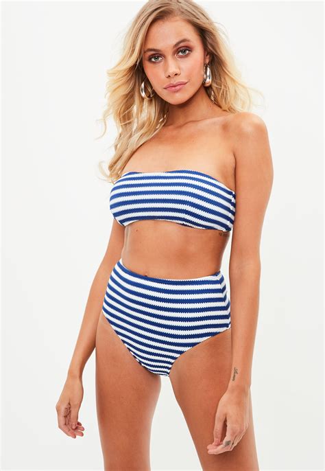Missguided Synthetic Blue White Stripe Bandeau Bikini Top Lyst