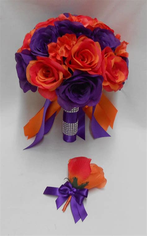 Bridesmaid bouquet with orange flowers. Wedding Silk Flower Bridal Bouquet Purple Orange Roses ...