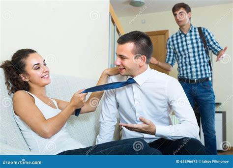 Man Seeing Girlfriend Cheating On Him Stock Image Image Of Envy