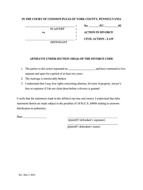 Fillable Online Affidavit Under Section 3301d Of The Divorce Code Fax