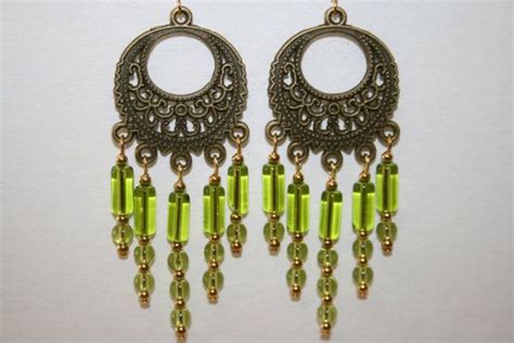 Lime Green Chandelier Earrings Made With An Antique Brass Finish Drop