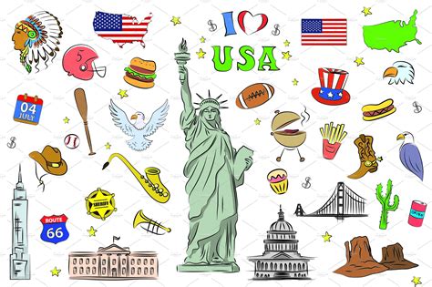 Usa Symbols And Icons Set Custom Designed Illustrations ~ Creative Market