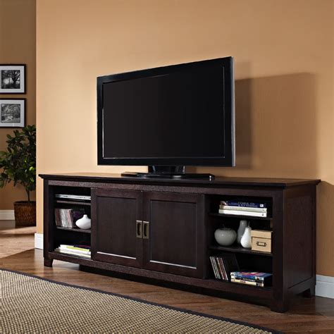 Walker Edison Solid Wood 70 Inch Tv Stand With Sliding Doors Espresso