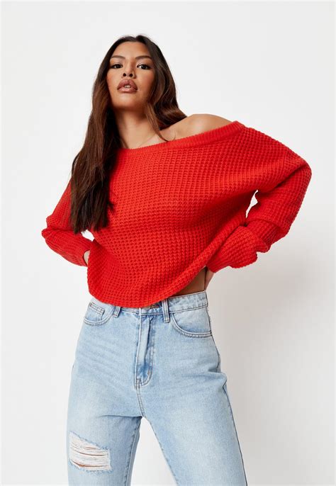 Petite Red Off The Shoulder Jumper | Missguided Ireland
