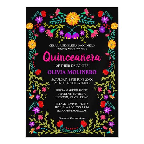 Mexican Folk Art Black Colorful Floral Quinceanera Magnetic Invitation Zazzle Com Mexican