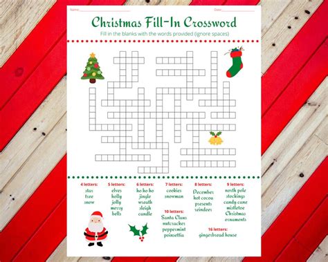 Christmas Holiday Fill In Crossword Puzzle Worksheet Digital Printable