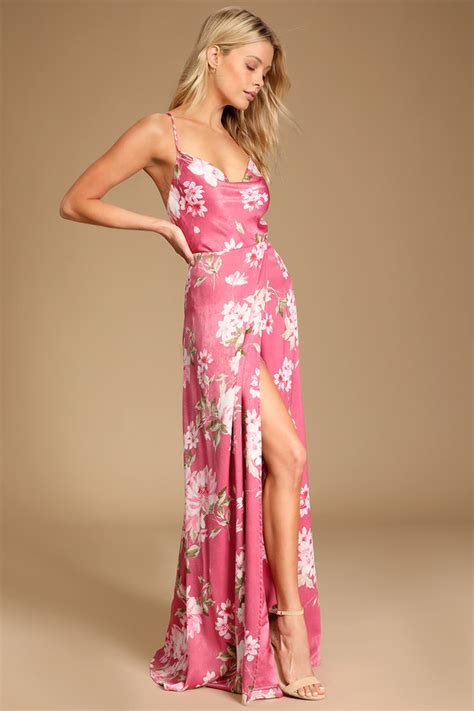 Pink Floral Dress Brushed Satin Maxi Dress Cowl Neck Dress Lulus