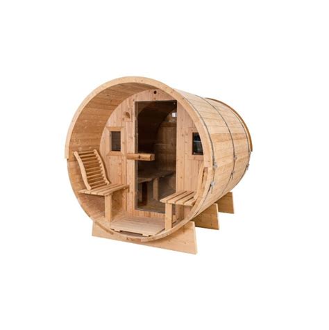 Thermowood Barrel Sauna With Porch By Redwood Outdoors Dwell