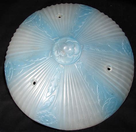 Ornate Antique Glass Ceiling Light Shade Frosted Blue Vintage C1930s