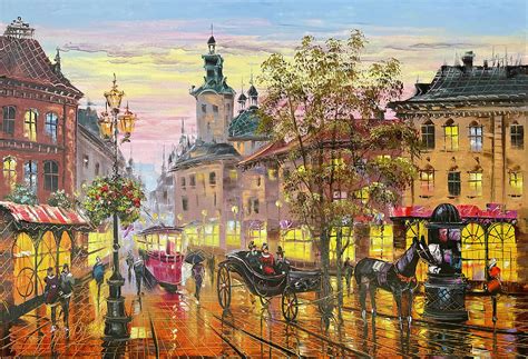 Sunset Cityscape Oil Painting Original Old Town Art Lviv City Painting