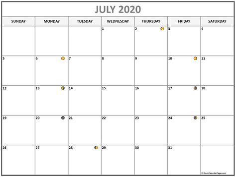 New And Full July 2020 Moon Phases Calendar With Lunar Dates
