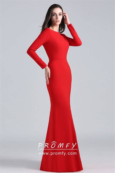 Red Spandex Long Sleeve Fit And Flare Formal Gown Formal Dresses With