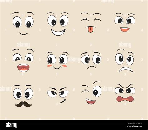 Set Of Funny Faces Cartoon Faces With Different Expressions Featuring