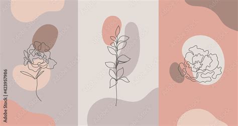 Vector Minimalist Style Plants Rose Line Flower Nude Colors Hand Drawn Abstract Print Use