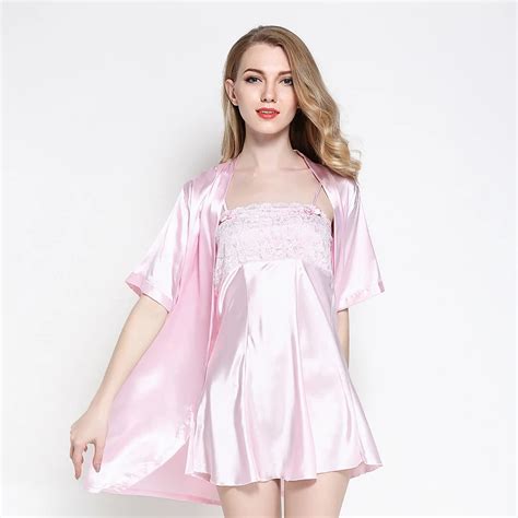 Summer Pink Women Silky Sexy Lingerie Robe Set Wedding Bride Robe Gown Lady Solid Color