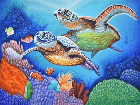 Water Turtles Art Painting While Swimming In The Blue Sea