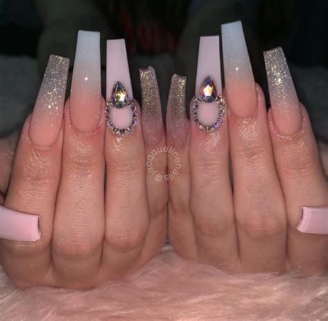 Long Coffin Nails Glitter Bling Ombré Coffin Nails Long Glass Nails