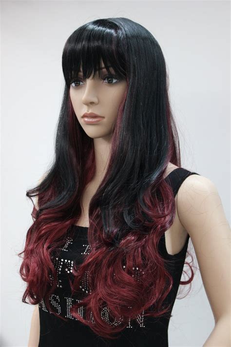 New Fashion Black Mix Red Wig Long Wavy Curly Hair Women Cosplay Full