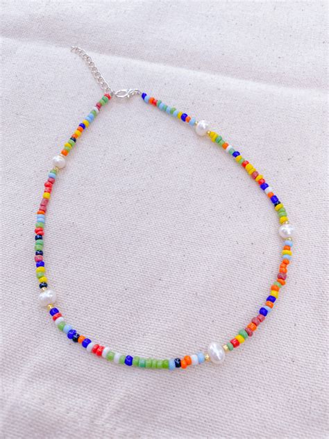 Colorful Seed Beaded Pearl Necklace Trendy Preppy Dainty Etsy