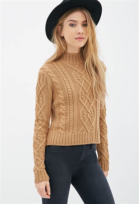 Forever 21 Cable Knit Mock Neck Sweater In Brown Lyst