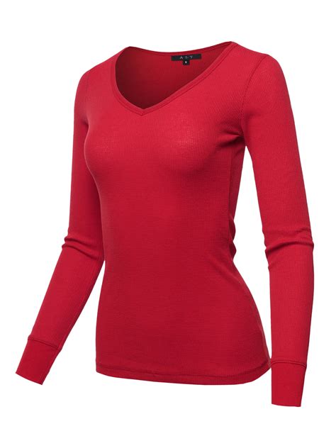 A2y A2y Womens Basic Solid Long Sleeve V Neck Fitted Thermal Top Shirt Classic Red L