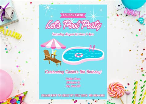 instant download barbie birthday invitation pool party etsy