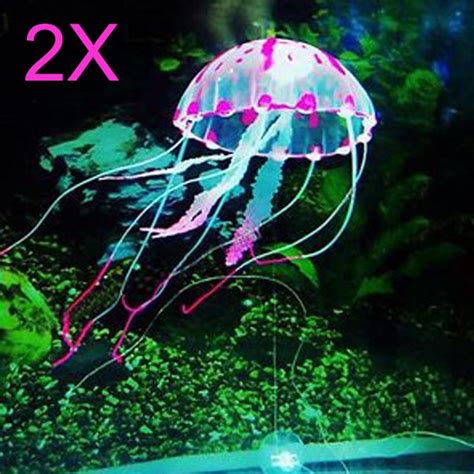 2x Glowing Artificial Silicone Vivid Jellyfish For Fish Aquarium Pink