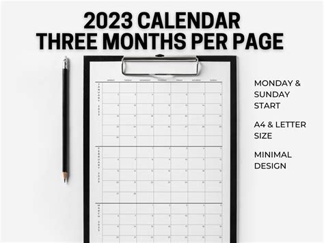 2023 Calendar 3 Months Per Page Minimalist Calendar Printable Pdf