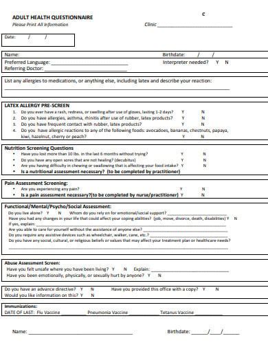 10 Adult Health Questionnaire Templates In Pdf Ms Word