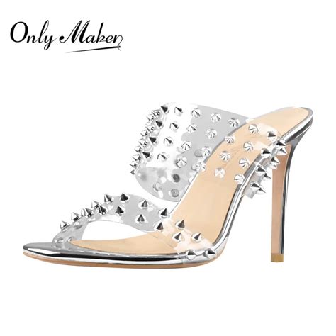 Onlymaker Womens Rivets Clear Pvc Double Straps Mule Shoes Stiletto 10cm Heel Slip On Sandals