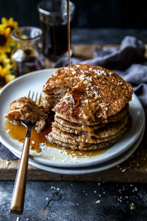 Banana Coconut Blender Pancakes With Peanut Butter Maple Syrup The