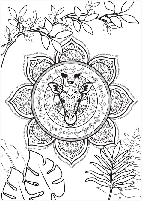Giraffe Embedded In A Tropical Mandala Giraffes Adult Coloring Pages