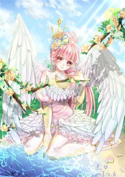 Pretty Pink Winged Anime Angel Girl Surrounded By Blossoms Anime