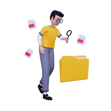 3d Man looking for document using magnifying glass illustration