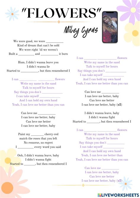 flowers song by miley cyrus worksheet live worksheets