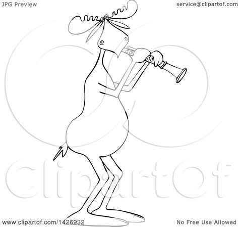 Clipart Of A Cartoon Black And White Lineart Musician Moose Playing A