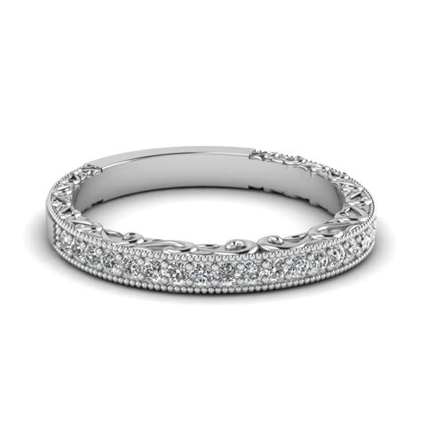 18k white gold round brilliant diamond half way common prong. Milgrain Hand Engraved Diamond Wedding Band In 18K White ...