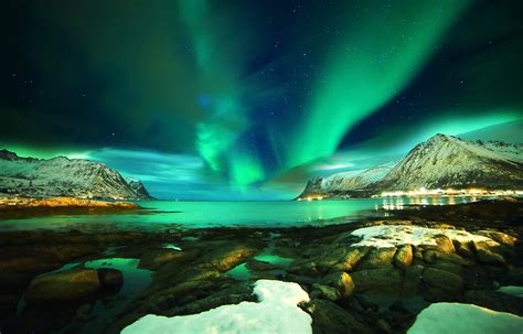 Lofoten Islands Norway Norther Lights Sky Night Sea Ocean Wallpaper