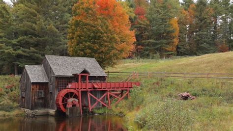 Pan Of An Old Grist Mill Near Guildhall Vermont With Brilliant Fall