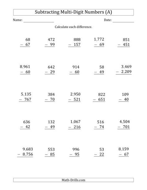 Subtracting Multi Digit Numbers Worksheets