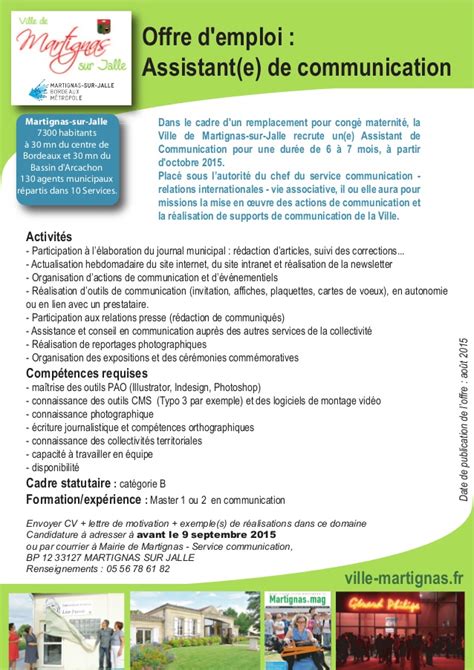 Commerce & vente employeur : Offre d'emploi : assistant communication à Martignas-sur-jalle