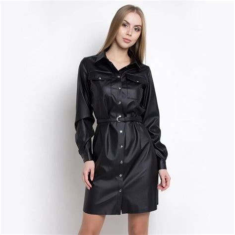 Turn Down Collar Pockets Belt Button Long Sleeve PU Leather Office Dress Uniqistic Com In