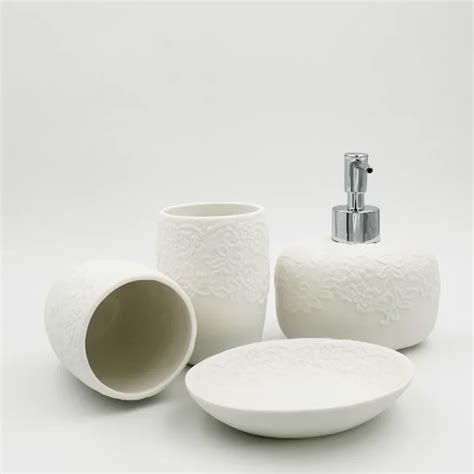Lace Effect White Embossed Ceramic Bath Accessories Bathroom Accessory