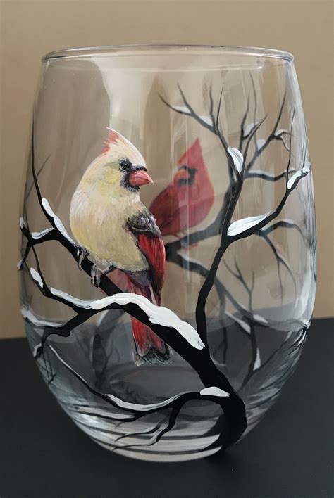 Cardinal Wine Glass Winter Red Spirit Bird Snowy Tree Branches Etsy Glass Painting Hand