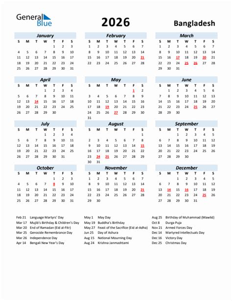 2026 Yearly Calendar For Bangladesh With Holidays